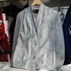 Fitted Grey Marble Swirl Leather Blazer  3 Button Up Front Very Good Condition